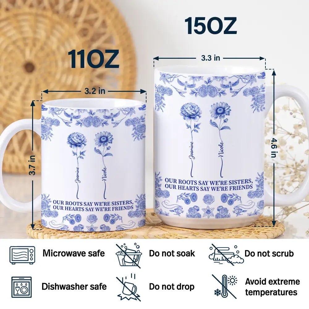 Gift For Sibling, Gift For Sisters, Love - Toile De Jouy Birth Flower Sisters From The Same Garden - Personalized White Edge-to-Edge Mug