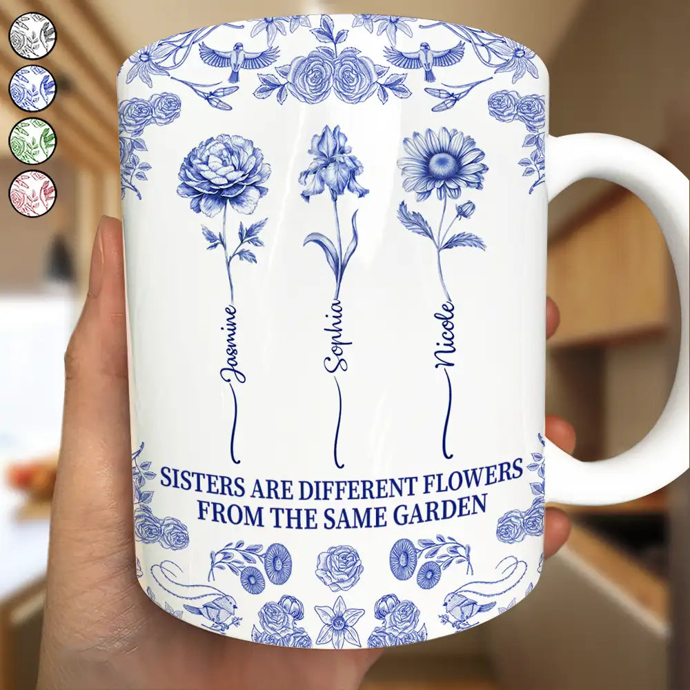 Toile De Jouy Birth Flower Sisters From The Same Garden - Personalized White Edge-to-Edge Mug