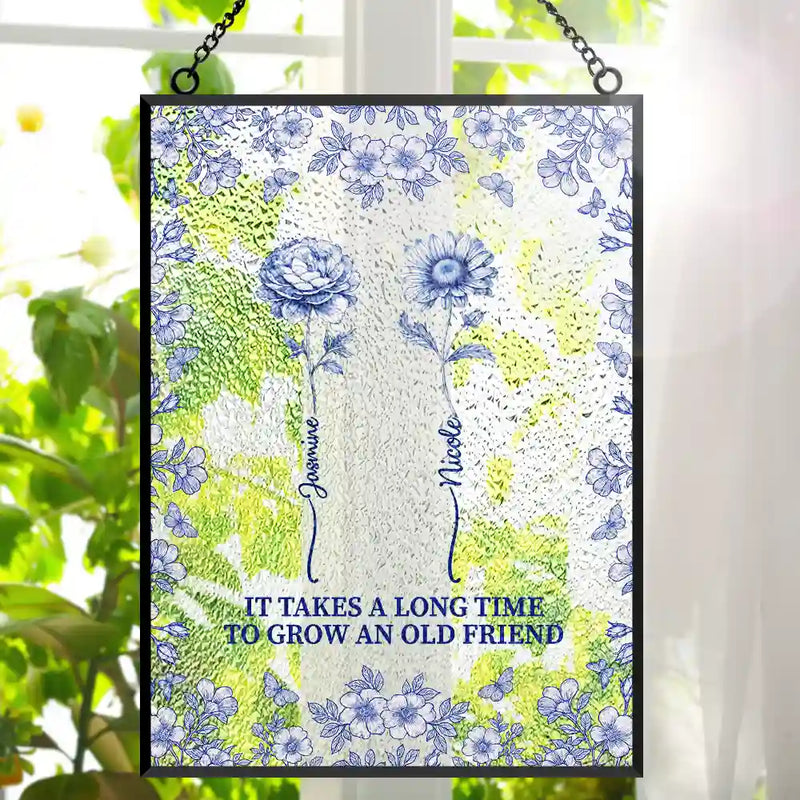 Gift For Bestie,Love - Toile De Jouy Butterfly Birth Flower Grow An Old Friend - Personalized Vertical Stained Glass Suncatcher