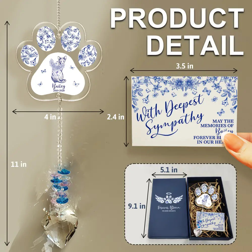 Cat Lovers,Cat Mom,Cat Dad,Pet Lovers,Pet Mom,Pet Dad,Memorial,Sad - Toile De Jouy Cat Forever Bloom - Personalized Heart Crystal Suncatcher