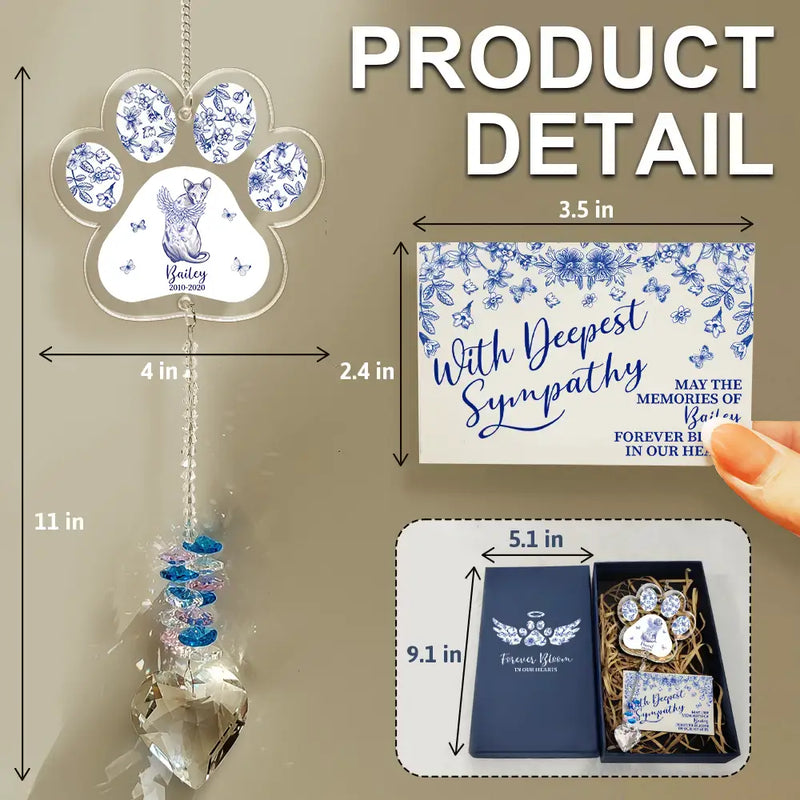 Cat Lovers,Cat Mom,Cat Dad,Pet Lovers,Pet Mom,Pet Dad,Memorial,Sad - Toile De Jouy Cat Forever Bloom - Personalized Heart Crystal Suncatcher
