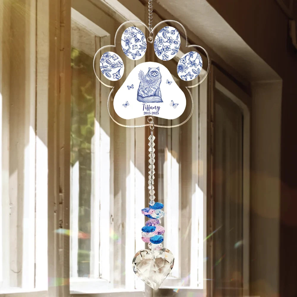 Cat Lovers,Cat Mom,Cat Dad,Pet Lovers,Pet Mom,Pet Dad,Memorial,Sad - Toile De Jouy Cat Forever Bloom - Personalized Heart Crystal Suncatcher