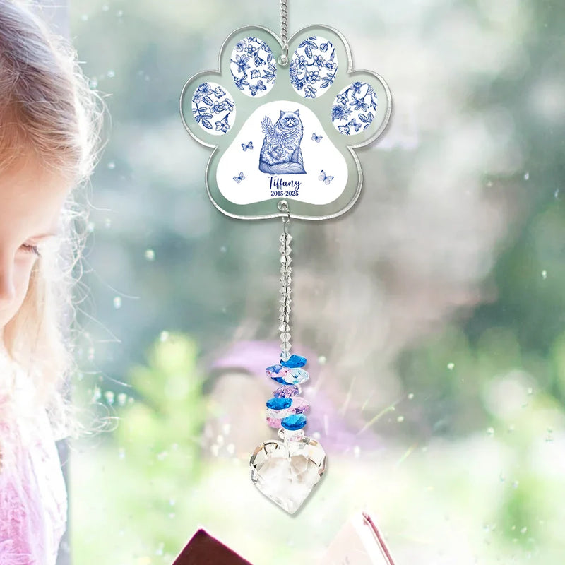 Cat Lovers,Cat Mom,Cat Dad,Pet Lovers,Pet Mom,Pet Dad,Memorial,Sad - Toile De Jouy Cat Forever Bloom - Personalized Heart Crystal Suncatcher