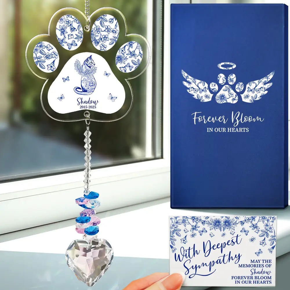Toile De Jouy Cat Forever Bloom - Personalized Heart Crystal Suncatcher