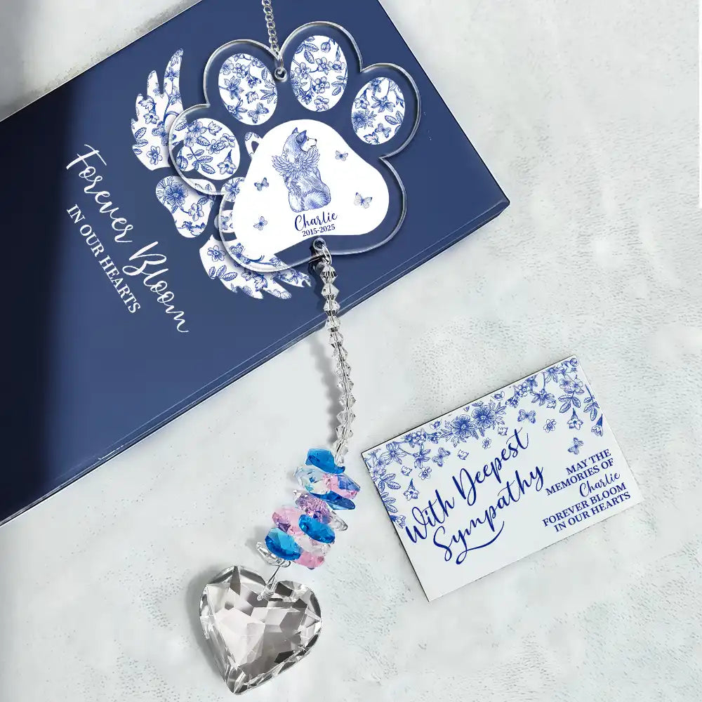 Dog Lovers,Dog Mom,Dog Dad,Pet Lovers,Pet Mom,Pet Dad,Sad - Toile De Jouy Dog Forever Bloom - Personalized Heart Crystal Suncatcher