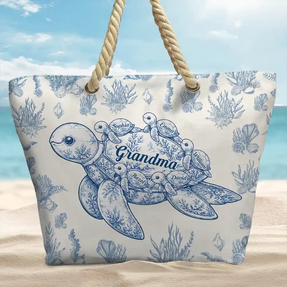 Gift For Grandma,Summer,Grateful,Icon - Toile De Jouy Sea Turtle - Personalized Beach Bag
