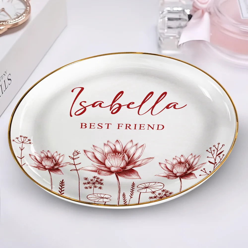 Gift For Bestie - Toile Birth Flower Forever Friend - Personalized Round Ring Dish