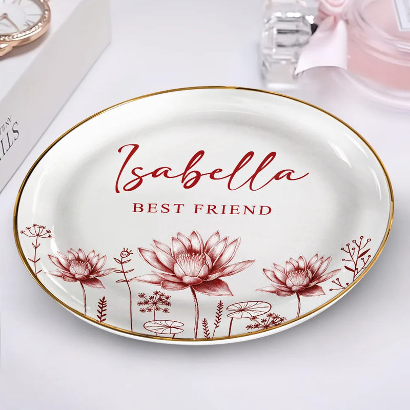 Gift For Bestie - Toile Birth Flower Forever Friend - Personalized Round Ring Dish