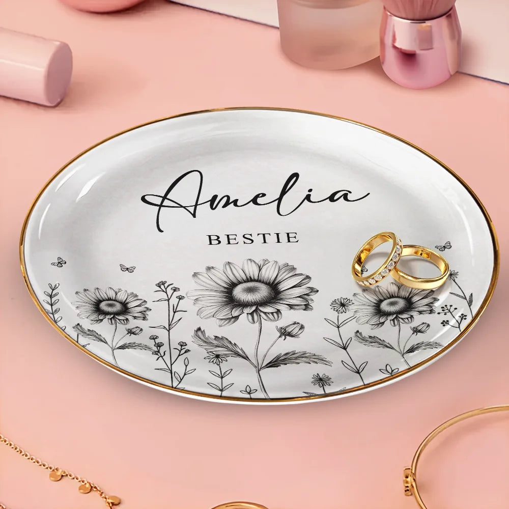 Gift For Bestie - Toile Birth Flower Forever Friend - Personalized Round Ring Dish