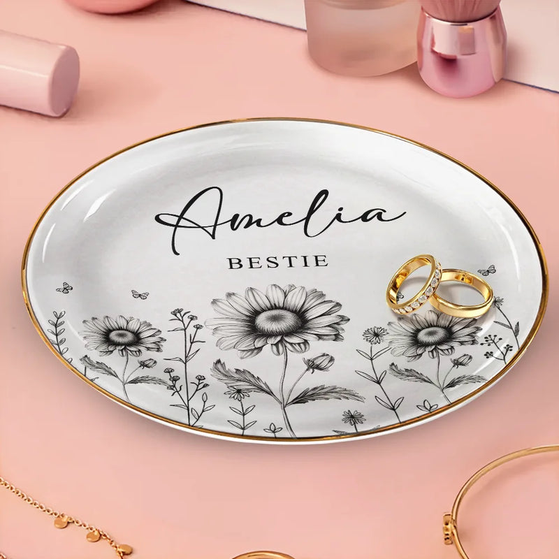 Gift For Bestie - Toile Birth Flower Forever Friend - Personalized Round Ring Dish