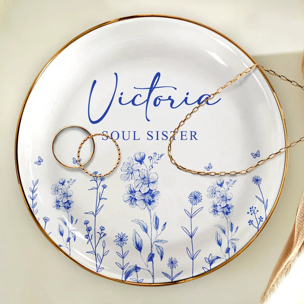 Gift For Bestie - Toile Birth Flower Forever Friend - Personalized Round Ring Dish