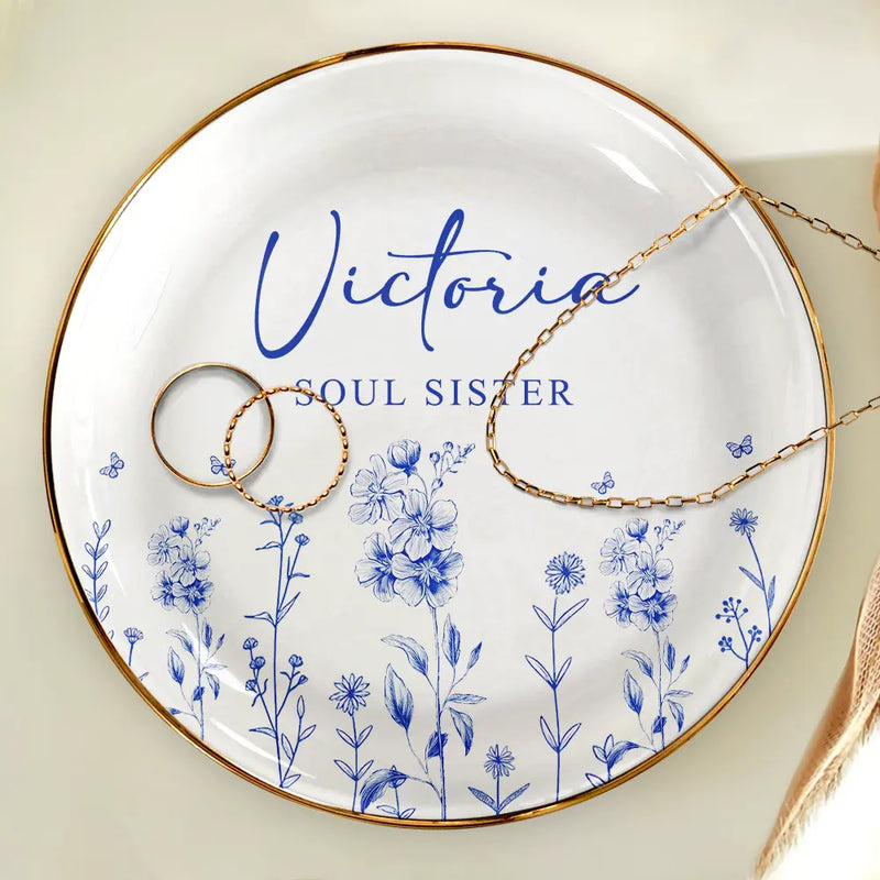 Gift For Bestie - Toile Birth Flower Forever Friend - Personalized Round Ring Dish
