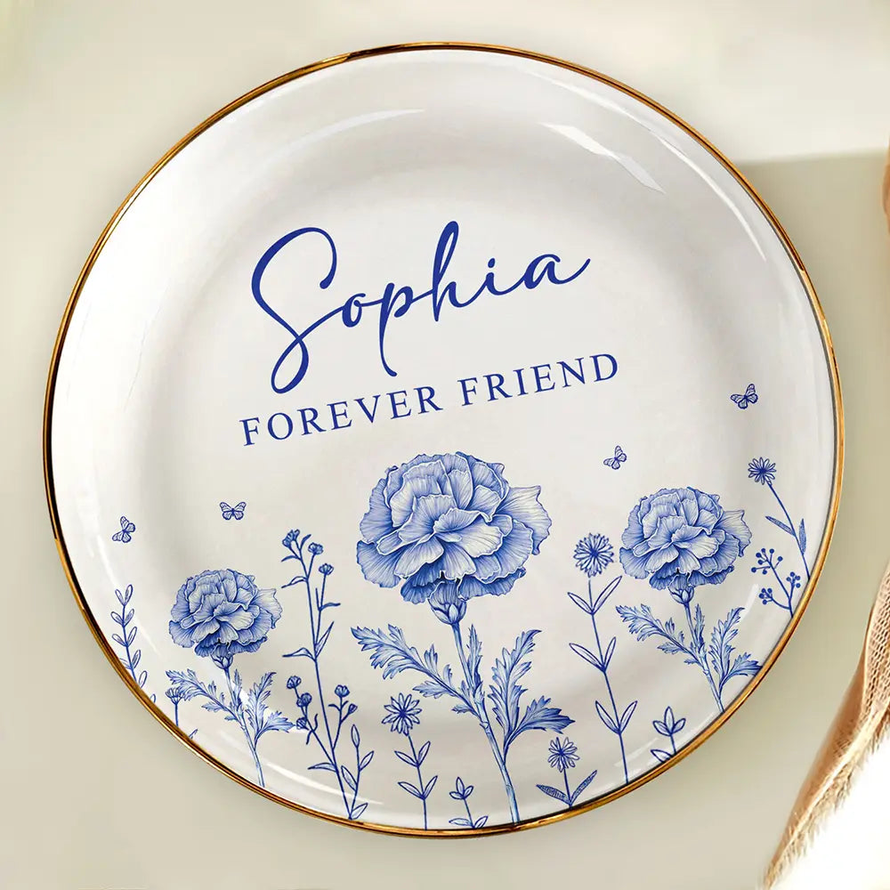 Toile Birth Flower Forever Friend - Personalized Round Ring Dish