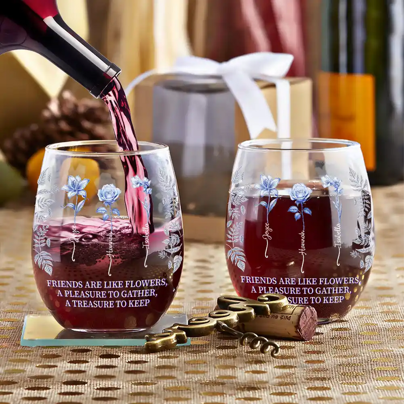 Gift For Bestie,Love - Toile Birth Flower Grow An Old Friend Bestie - Personalized Stemless Wine Glass