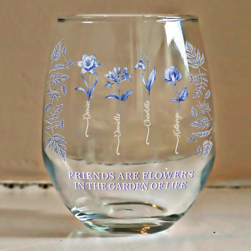Gift For Bestie,Love - Toile Birth Flower Grow An Old Friend Bestie - Personalized Stemless Wine Glass