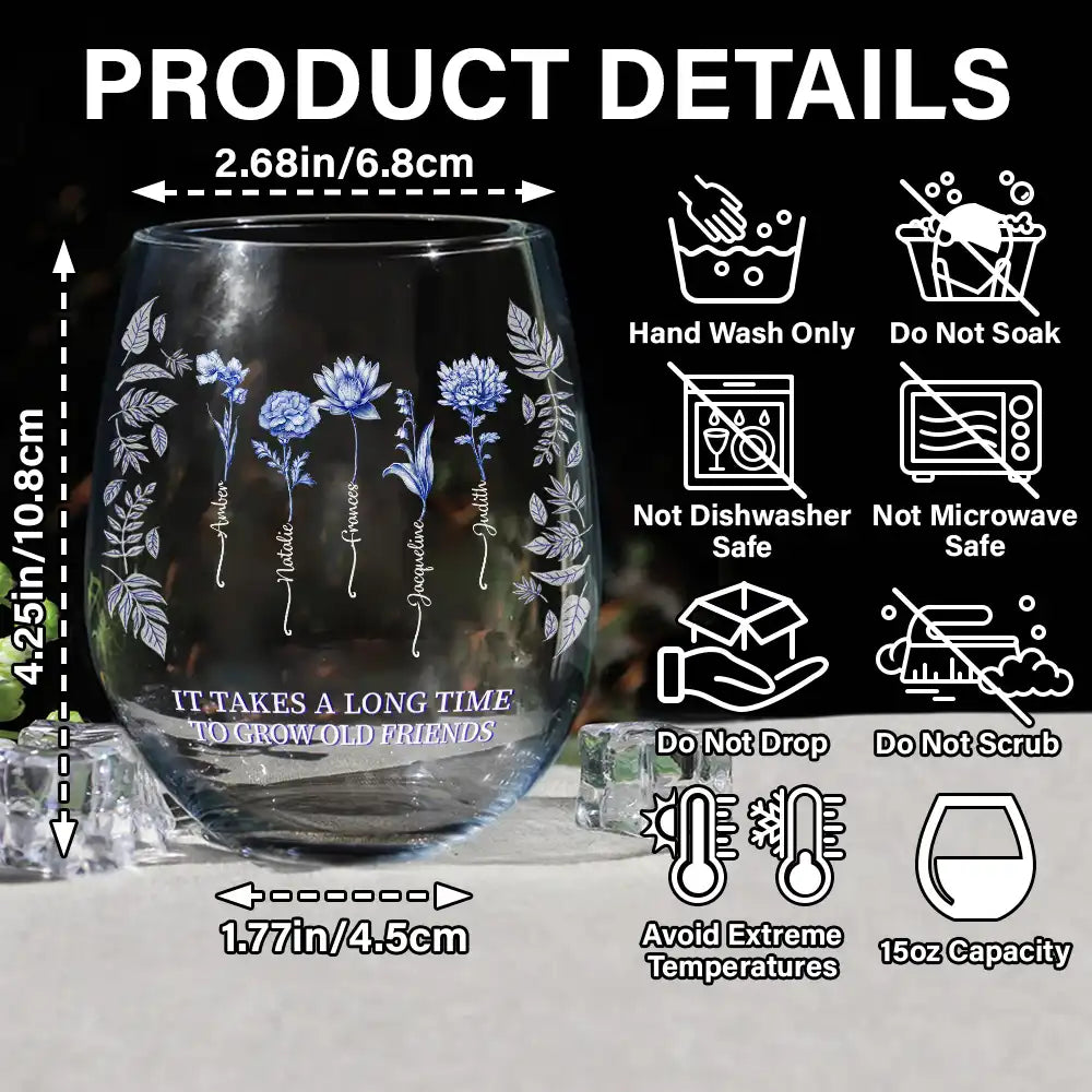 Gift For Bestie,Love - Toile Birth Flower Grow An Old Friend Bestie - Personalized Stemless Wine Glass