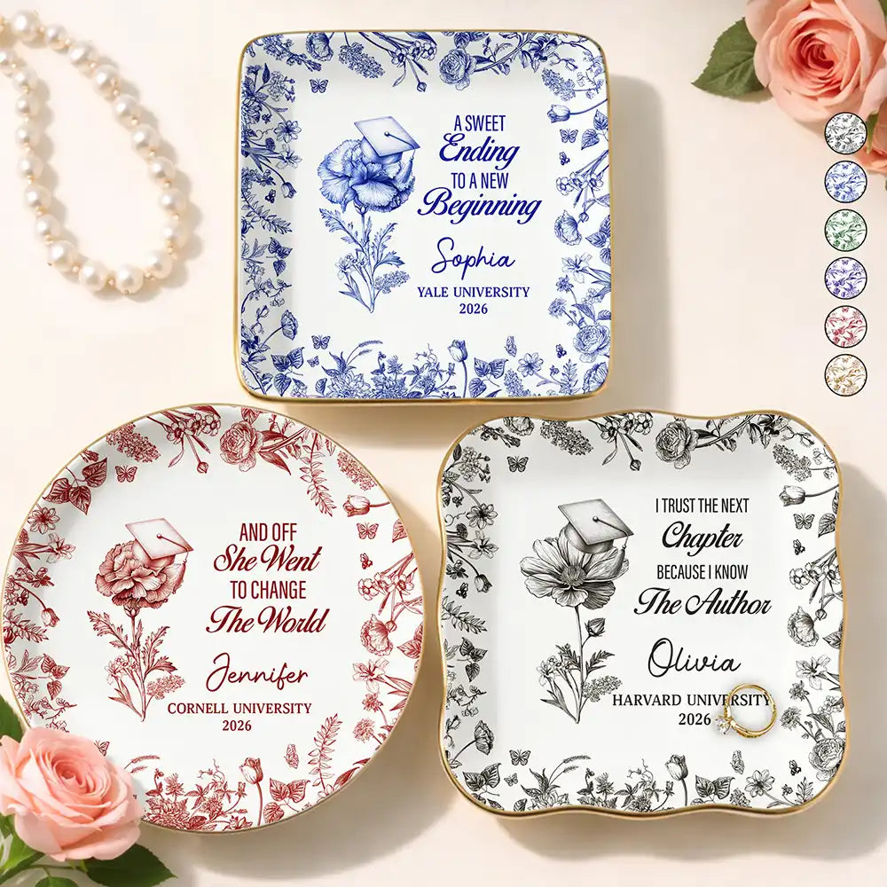 Graduation,Happy,Gift For Women,Gift For Daughter,Top Market,Icon - Toile Birth Month Flower Congrats Grad - Personalized Ring Dish