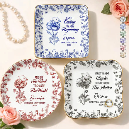 Toile Birth Month Flower Congrats Grad - Personalized Ring Dish