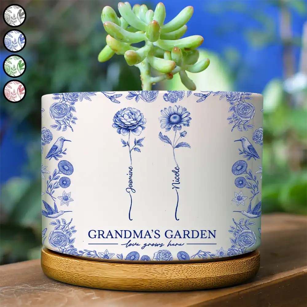 Gift For Grandma, Gift For Mother, Happy - Toile De Jouy Birth Flower Grandma's Garden - Personalized Ceramic Plant Pot