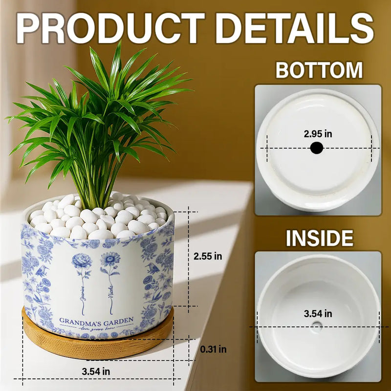 Gift For Grandma, Gift For Mother, Happy - Toile De Jouy Birth Flower Grandma's Garden - Personalized Ceramic Plant Pot