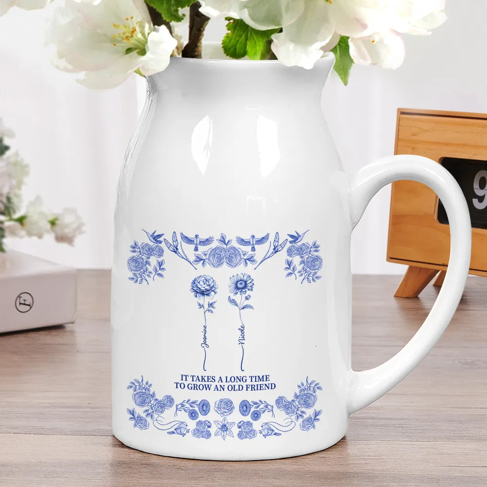 Gift For Bestie,Old Best friends,Love - Toile De Jouy Birth Flower Grow An Old Friend - Personalized Ceramic Flower Vase