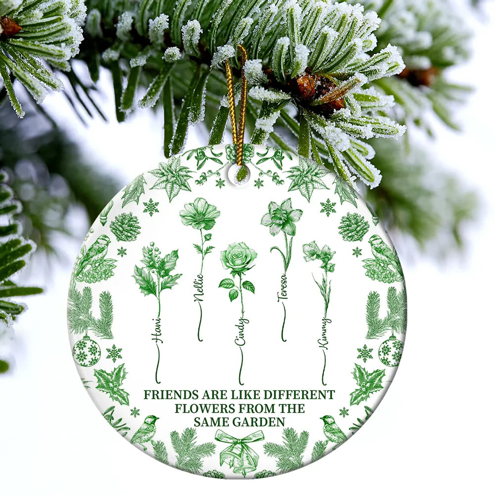 Gift For Yourself,Gift For Women,Gift For Bestie,Old Best friends,Love,Christmas - Toile De Jouy Birth Flower Grow An Old Friend - Personalized Circle Ceramic Ornament