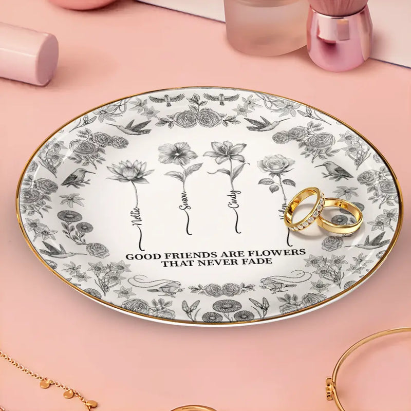 Gift For Yourself,Gift For Women,Gift For Bestie,Old Best friends,Love - Toile De Jouy Birth Flower Grow An Old Friend - Personalized Round Ring Dish
