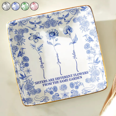 Toile De Jouy Birth Flower Sisters From The Same Garden - Personalized Ring Dish