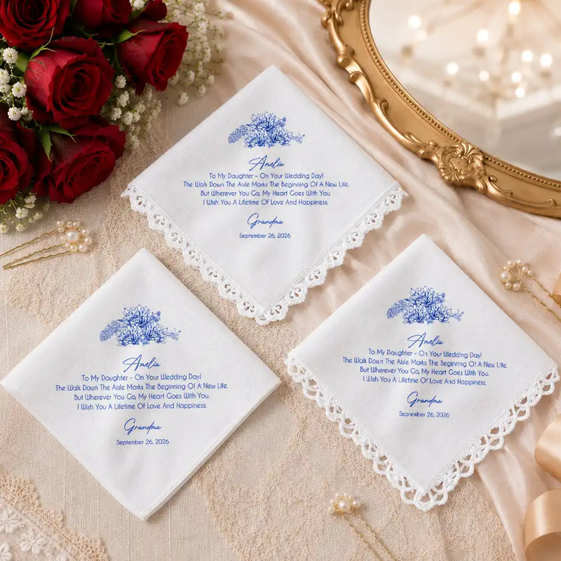 Sentimental,Gift For Children,Gift For Daughter,Wedding,Icon,Custom Text - Toile De Jouy Blue Wedding Birth Flower Bridal For Daughter - Personalized Handkerchief