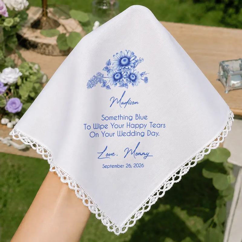 Sentimental,Gift For Children,Gift For Daughter,Wedding,Icon,Custom Text - Toile De Jouy Blue Wedding Birth Flower Bridal For Daughter - Personalized Handkerchief