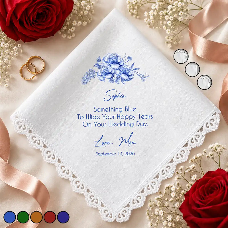 Sentimental,Gift For Children,Gift For Daughter,Wedding,Icon,Custom Text - Toile De Jouy Blue Wedding Birth Flower Bridal For Daughter - Personalized Handkerchief