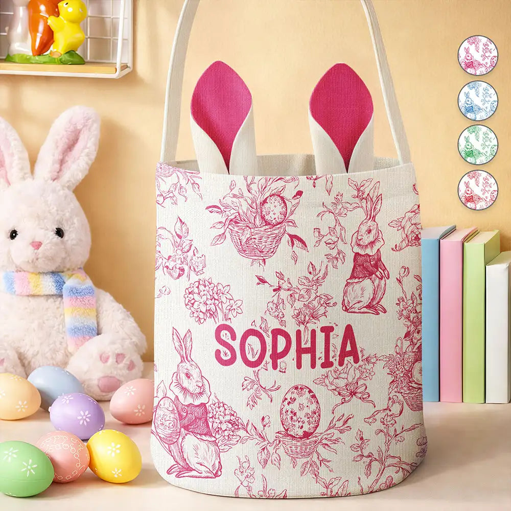 Easter,Non-Eng,Gift For Kids,Gift For Grandkids,Grandma - Grandkids,Grandpa - Grandkids,Dad - Children,Mom - Children,Happy - Toile De Jouy Bunny Pattern - Personalized Bunny Ears Bucket Bag