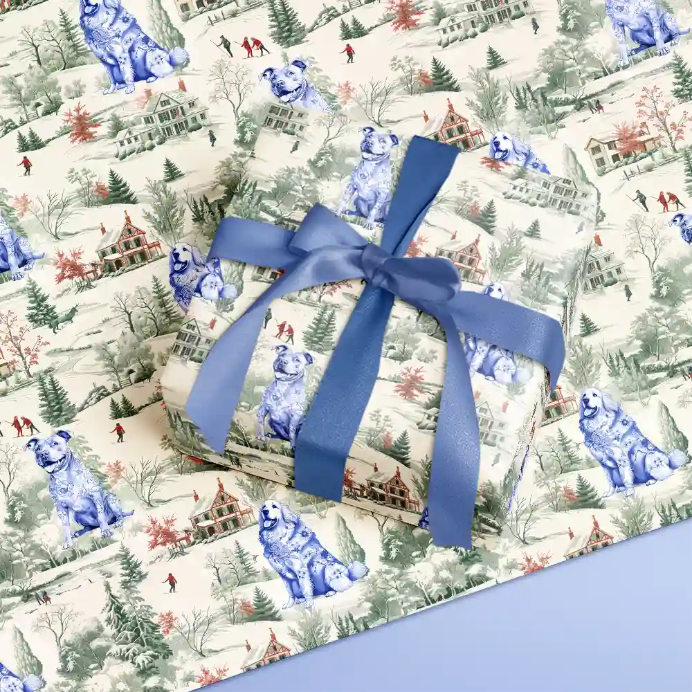 Pet Lovers, Happy - Toile De Jouy Dog Cat Winter Town - Personalized Wrapping Paper