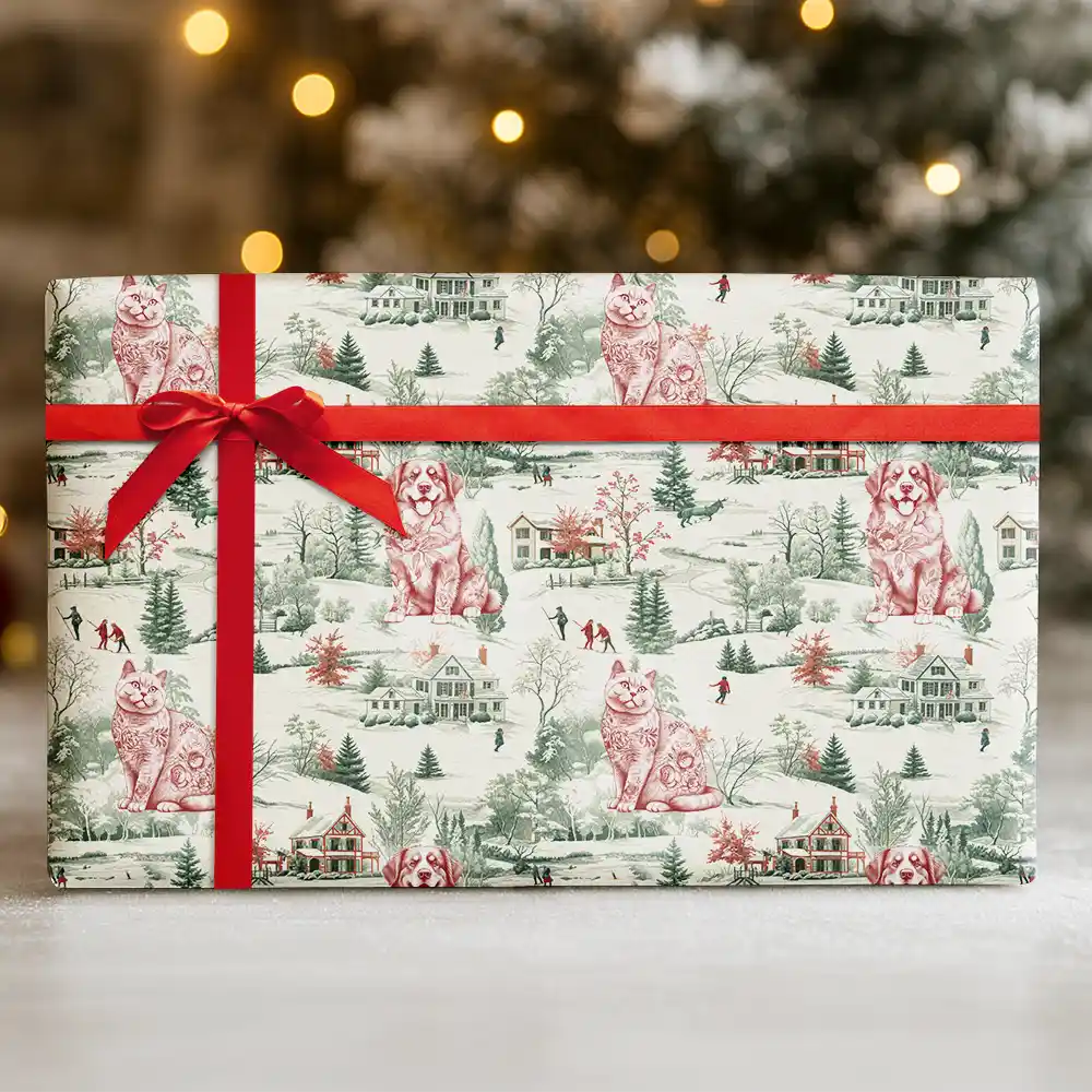Toile De Jouy Dog Cat Winter Town - Personalized Wrapping Paper