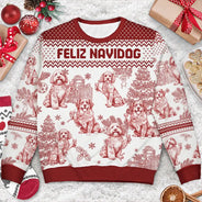 Pet Lovers,Pet Mom,Pet Dad,Dog Lovers,Dog Mom,Dog Dad,Christmas,Happy - Toile De Jouy Feliz Navidog - Personalized Unisex Ugly Sweater