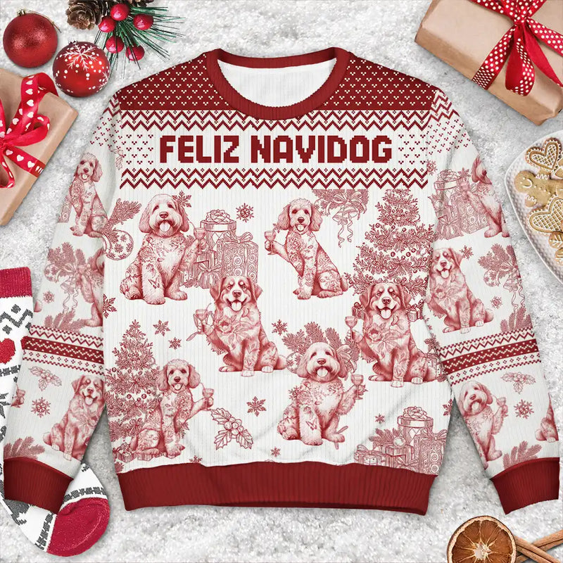 Pet Lovers,Pet Mom,Pet Dad,Dog Lovers,Dog Mom,Dog Dad,Christmas,Happy - Toile De Jouy Feliz Navidog - Personalized Unisex Ugly Sweater