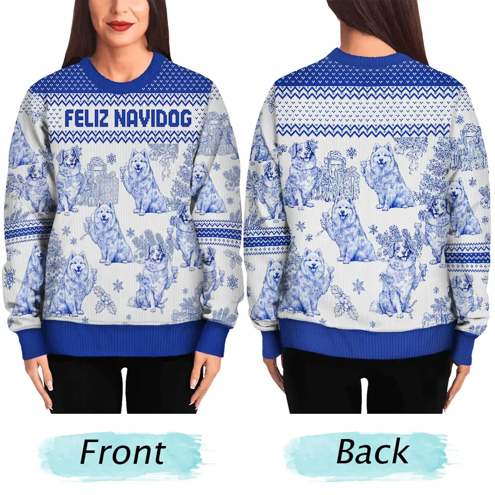 Pet Lovers,Pet Mom,Pet Dad,Dog Lovers,Dog Mom,Dog Dad,Christmas,Happy - Toile De Jouy Feliz Navidog - Personalized Unisex Ugly Sweater