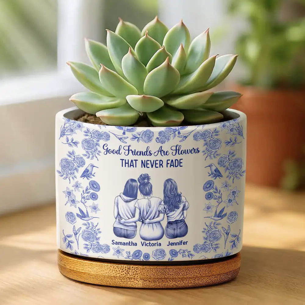 Gift For Bestie,Happy - Toile De Jouy Grow An Old Friend - Personalized Ceramic Plant Pot