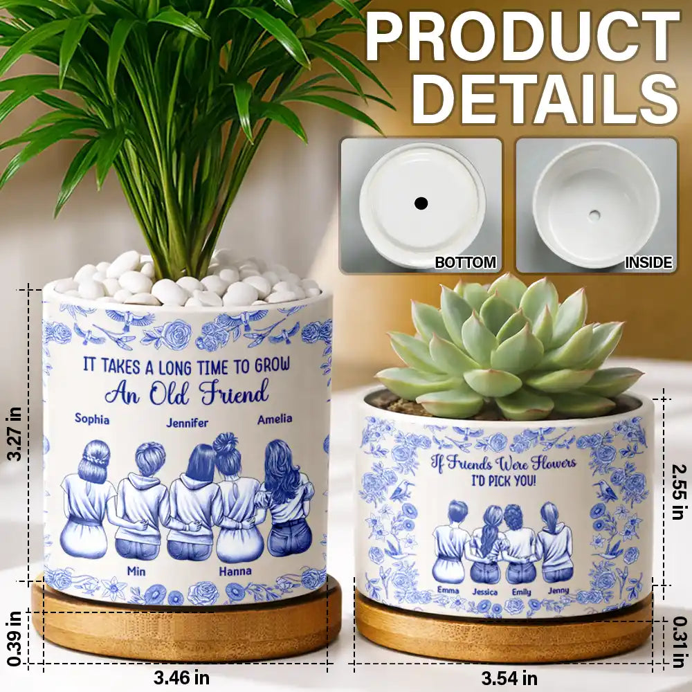 Gift For Bestie,Happy - Toile De Jouy Grow An Old Friend - Personalized Ceramic Plant Pot