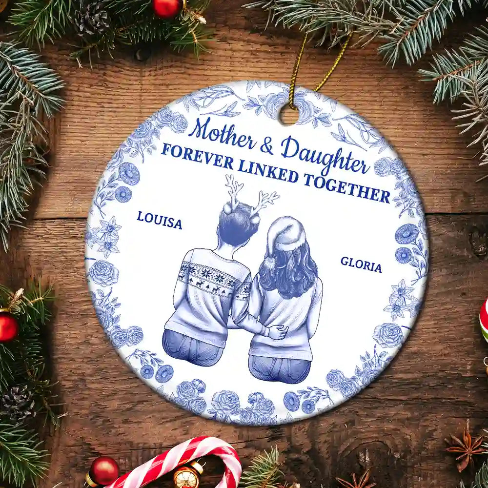 Mom - Daughters (Adult),Mom - Children,Mom - Sons,Gift For Mother,Gift For Daughter,Gift For Son,Love - Toile De Jouy Mother And Daughters Forever Linked Together - Personalized Circle Ceramic Ornament