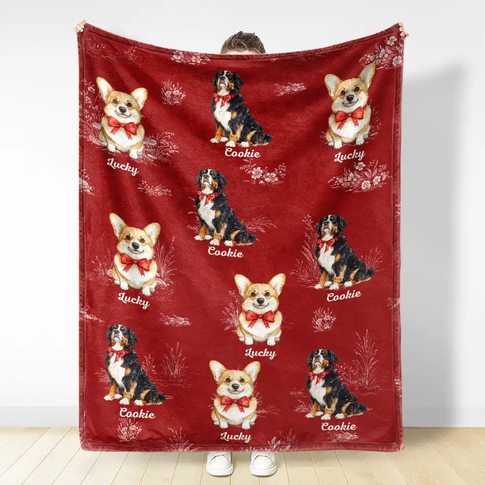 Dog Lovers,Dog Mom,Dog Dad,Pet Lovers,Pet Mom,Pet Dad,Love - Toile De Jouy Red Bow Dog - Personalized Fleece Blanket, Sherpa Blanket