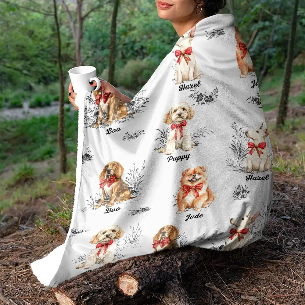 Dog Lovers,Dog Mom,Dog Dad,Pet Lovers,Pet Mom,Pet Dad,Love - Toile De Jouy Red Bow Dog - Personalized Fleece Blanket, Sherpa Blanket