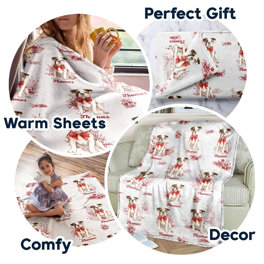 Dog Lovers,Dog Mom,Dog Dad,Pet Lovers,Pet Mom,Pet Dad,Love - Toile De Jouy Red Bow Dog - Personalized Fleece Blanket, Sherpa Blanket