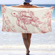 Gift For Grandma, Summer, Adorable, Icon - Toile De Jouy Sea Turtle - Personalized Beach Towel