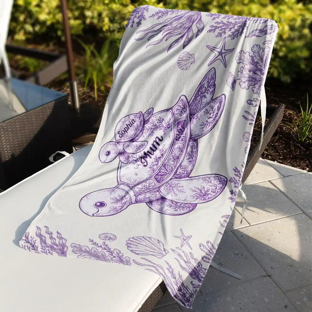 Gift For Grandma, Summer, Adorable, Icon - Toile De Jouy Sea Turtle - Personalized Beach Towel