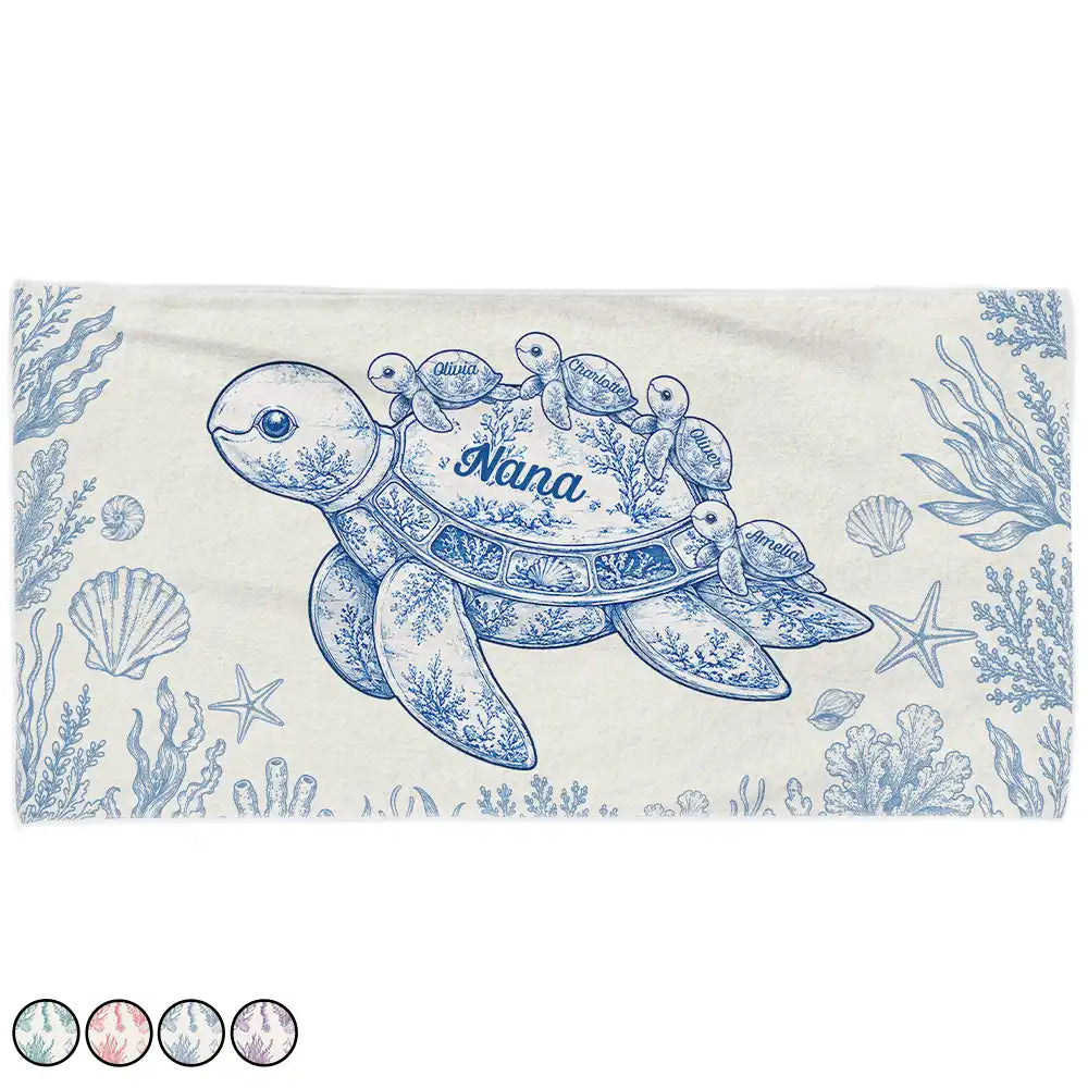 Gift For Grandma, Summer, Adorable, Icon - Toile De Jouy Sea Turtle - Personalized Beach Towel