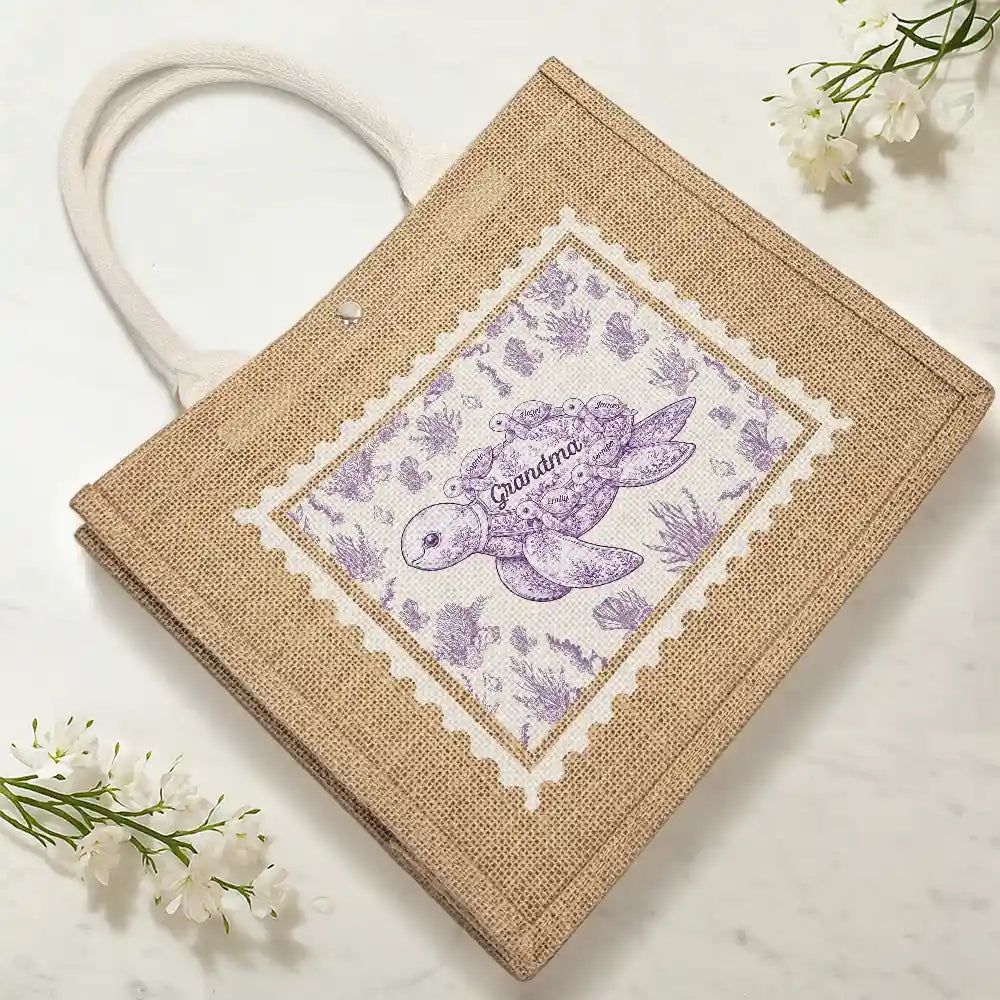 Gift For Grandma, Summer, Adorable, Icon - Toile De Jouy Sea Turtle - Personalized Jute Beach Bag