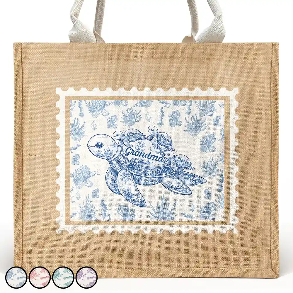 Gift For Grandma, Summer, Adorable, Icon - Toile De Jouy Sea Turtle - Personalized Jute Beach Bag