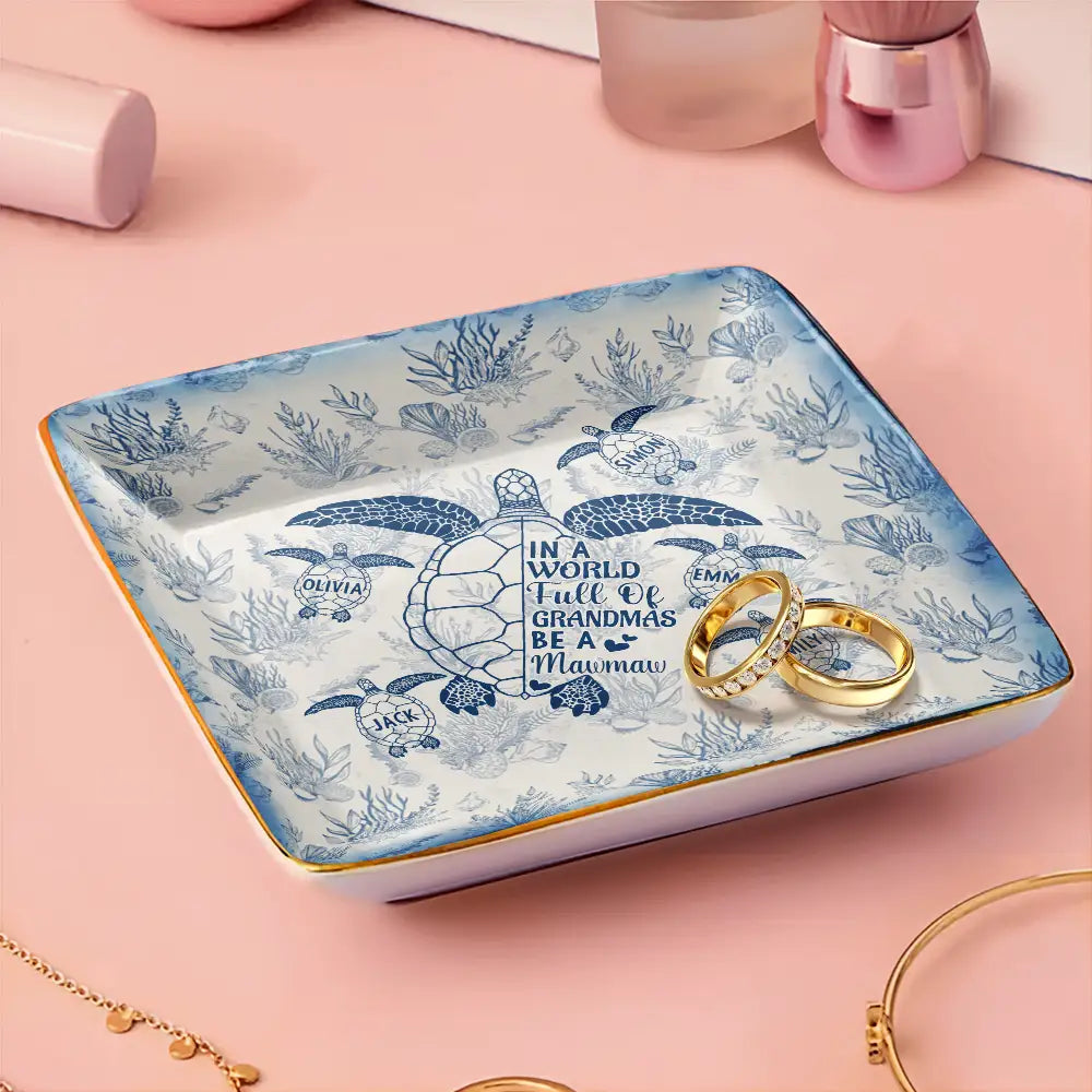 Gift For Yourself,Gift For Women,Gift For Grandma,Love - Toile De Jouy Sea Turtle World Full Of Grandmas - Personalized Ring Dish