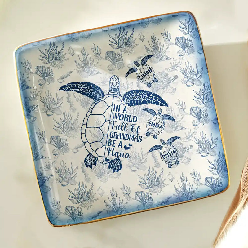 Gift For Yourself,Gift For Women,Gift For Grandma,Love - Toile De Jouy Sea Turtle World Full Of Grandmas - Personalized Ring Dish